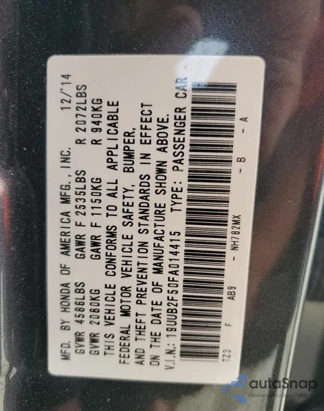 2015 Acura Tlx Tech from USA, damaged, VIN 19UUB2F50FA014415